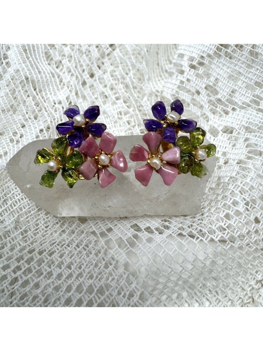 Swoboda Vintage Floral Clip-On Earrings With Pink Purple, n Green Stones & Pearl
